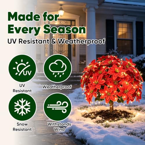 2PCS Christmas Poinsettia Ground Stake with LED Lights - Red Poinsettia With Lights