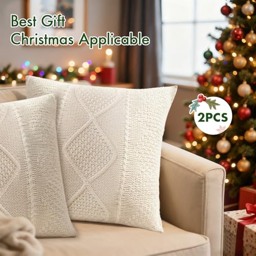 RICHIE 18x18 Inch Knitted Throw Pillow Covers - Set of 2, Cozy Christmas Decor for Sofa & Bedroom, White Diamond Grid