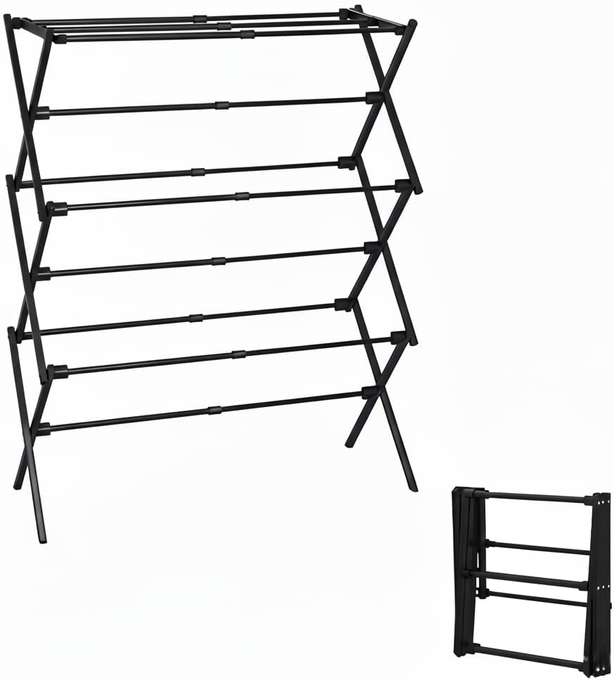 Skiennix 3-Tier Metal Folding Clothes Drying Rack - Collapsible Indoor & Outdoor Laundry Dryer | Black
