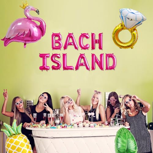 Tropical Island Bachelorette Party Balloon Banner Set - 16" Mylar Flamingo, Palm Tree, and Ring
