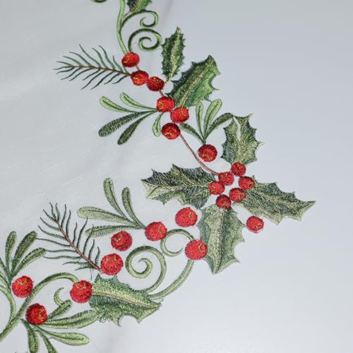 13x90 Inch Christmas Table Runner - Embroidered Holly & Red Berries, White, 100% Polyester - Variation of THIS listing: 13x90IN / White