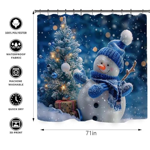 Blue Christmas Shower Curtain Set with Snowman Santa Holiday Bath Rugs & Hooks