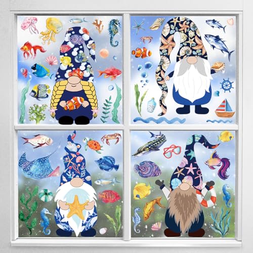 Hianjoo Ocean Gnome Summer Window Clings 146 Pcs Double Sided Static Sea Decals