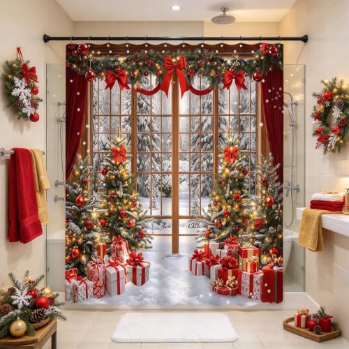 Christmas Snow Scene Shower Curtain 70x70 Inches - Winter Holiday Bathroom Decor (Pack of 1)