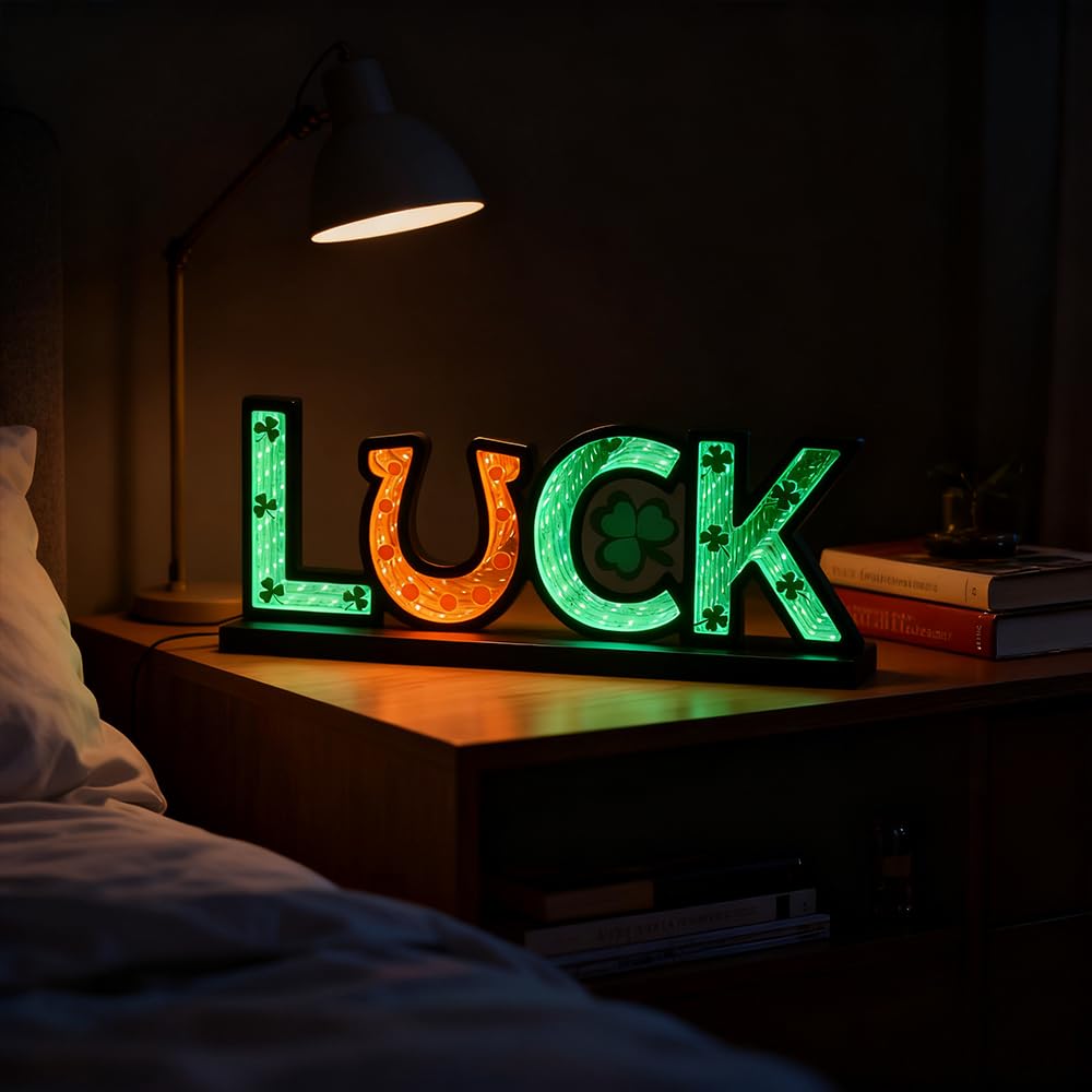 MEETYAMOR St Patricks Day Decorations, Luck Sign Infinity Mirror Tunnel Light with Shamrock for St Patricks Day Decor, Night Lights with Endless Extension for Home Living Room Table Centerpiece