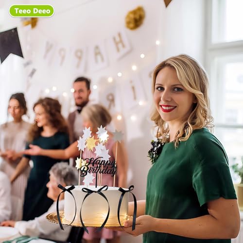 Elegant Black Ribbon Cake Toppers - 6 Pcs Happy Birthday Set