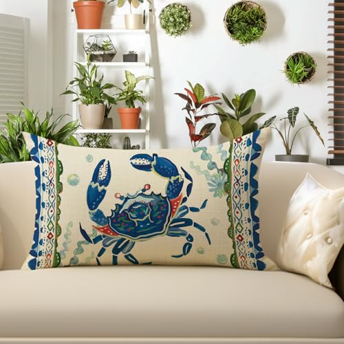 Coastal Crab Lumbar Throw Pillow Cover 12x20 - Cotton Linen