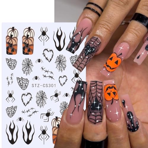 Halloween Nail Art Stickers 6 Sheets 3D Self-Adhesive Spider Web Pumpkins