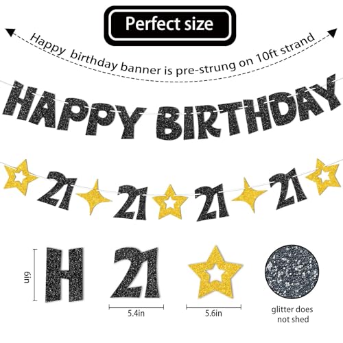 Black and Gold 21st Birthday Banner - Pre-Strung Glitter Party Decoration