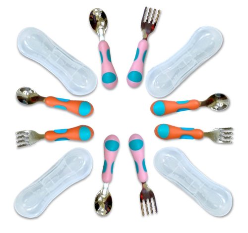 Toddler Silverware, Kids Utensils, Stainless Steel Forks Spoons Set with Travel Case for 1 2 3 4 year old. Metal Cutlery for Children, Girls Boys Baby, Round Handle 8 Pieces (4 sets) Pink Blue, Orange