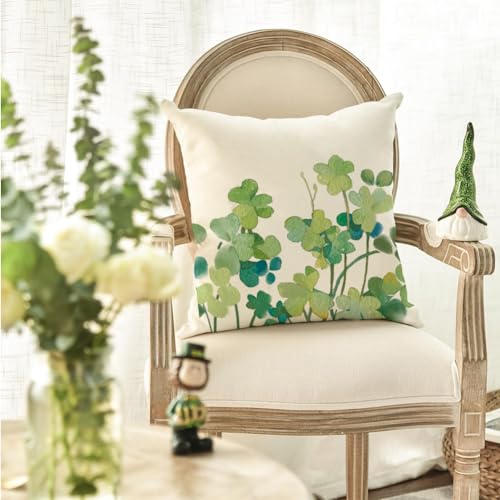 St. Patrick’s Day Shamrock Pillow Cover, 18x18 Inch Watercolor Lucky Clover