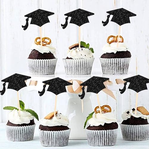 2026 Graduation Cupcake Toppers - Black Glitter 36 PCS