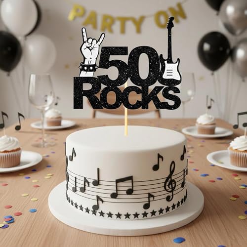 50th Birthday Cake Topper - Black Glitter Rock Guitar Decor