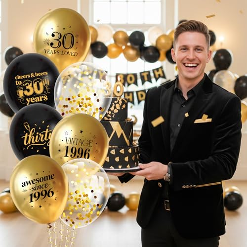 30th Birthday Balloons Set - 34Pcs Black and Gold Latex