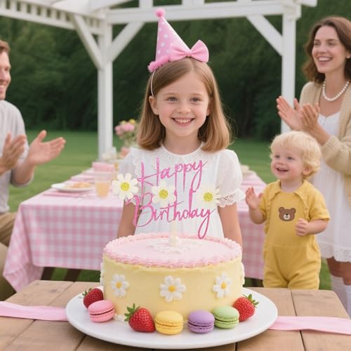 Pink Glitter Daisy Birthday Cake Topper - Happy Birthday Decoration