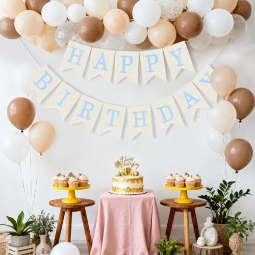 Blue Burlap Happy Birthday Banner Sign for Wall & Door Decoration - No Assembly Needed
