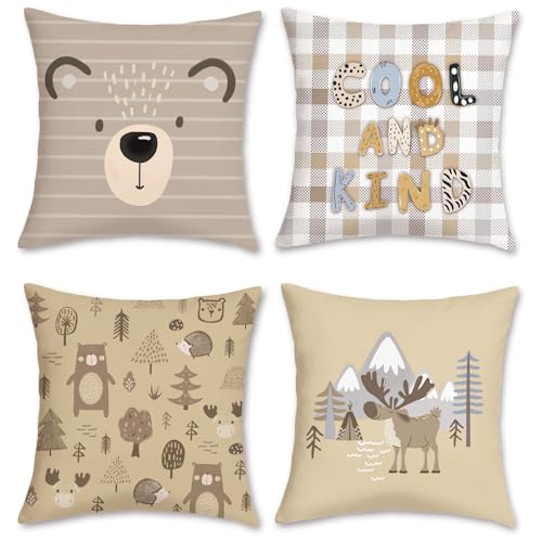 Bonhause Cartoon Animal Throw Pillow Covers 18x18 Inch, Set of 4, Soft Velvet
