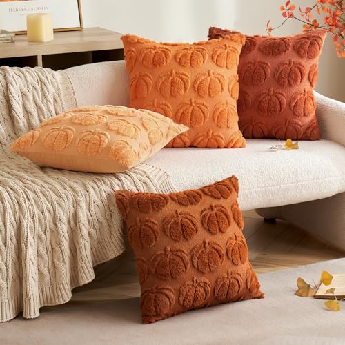 MIULEE Fall Pumpkin Pillow Covers 18x18, Dark Rust Faux Fur (Set of 2)