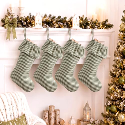 Green Gingham Christmas Stockings - 4 Pack, 18 Inches Large Ruffled Holiday Stockings