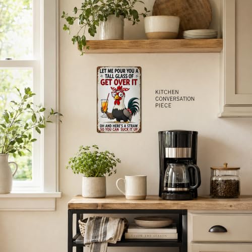 FunnySign Chicken Decor Old Rooster and Cute Chick Metal Wall Art 8x12