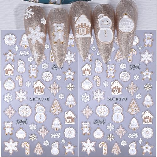 5D Embossed Christmas Nail Stickers Snowman Snowflake Decals 2PCS