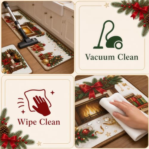 Christmas Fireplace Kitchen Mat Set of 2 Non Slip Rugs - Holiday Decor