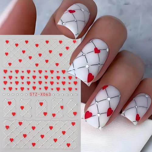 Glitter Heart Nail Stickers Set with Tweezers - 6 Sheets Valentine's Day