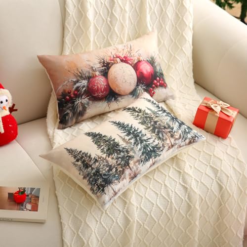 Christmas Lumbar Pillow Covers 12x20 Inch, Set of 2 Winter Holiday Decor