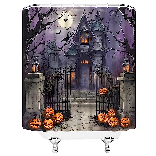 ZNLSU Halloween Shower Curtain - Scary Night Full Moon Gothic Haunted House & Pumpkin Design - 70x70 Inches, Purple Gray with Hooks
