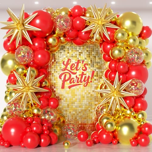Red and Gold Balloon Garland Arch Kit with Stars - 153 Pcs