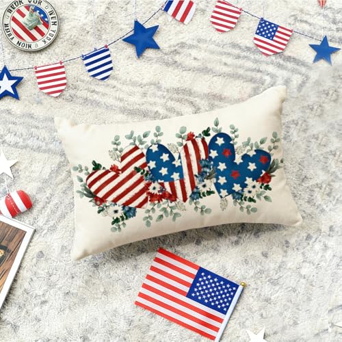 4th of July Pillow Cover 12x20 Inch | Patriotic Hearts Decor