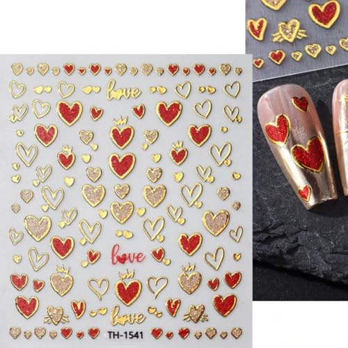 Valentine Heart Nail Art Stickers 3D Self Adhesive Love Decals (3 Sheets)