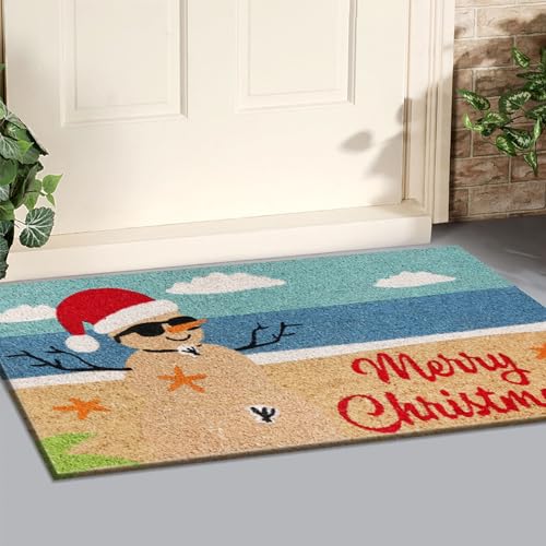 Coastal Christmas Coco Coir Door Mat with Non-Slip Backing - 18x30 Inches - Easy to Clean Welcome Mat - Holiday Outdoor Decor - Variation: Multi