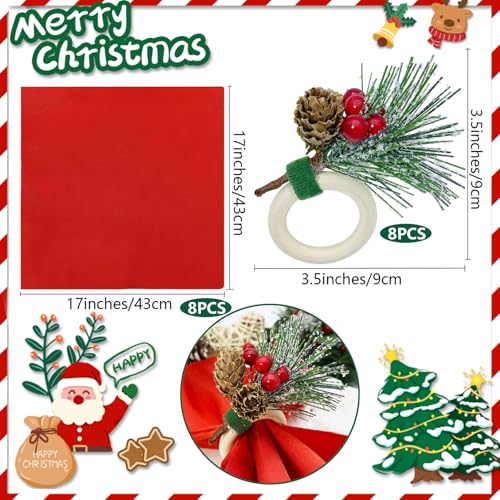 Christmas 16pcs Napkins & Rings Set Snowy Pine Cone Poinsettia Red Berry - Middle
