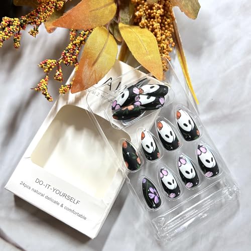 Halloween Press on Nails Short Almond Ghost Fake Acrylic Nails