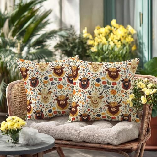 Highland Cow Throw Pillow Covers 18x18 Set of 2 - Floral Farmhouse Decor