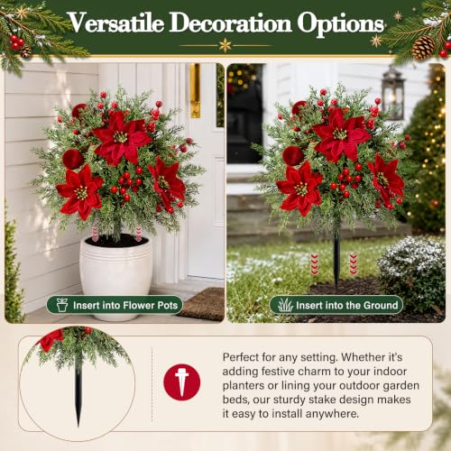 Artificial Poinsettia Flowers with Velvet Balls for Christmas Decor - 2 Pack, Cedar & Velvet Ball Variation