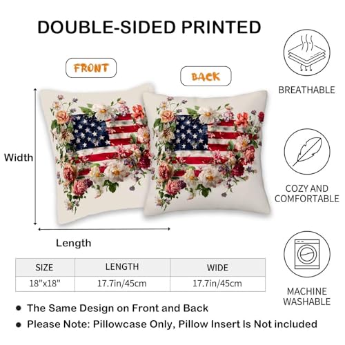 Floral Flag Fusion Throw Pillow Covers 18x18 (Set of 2) - Vintage American Design