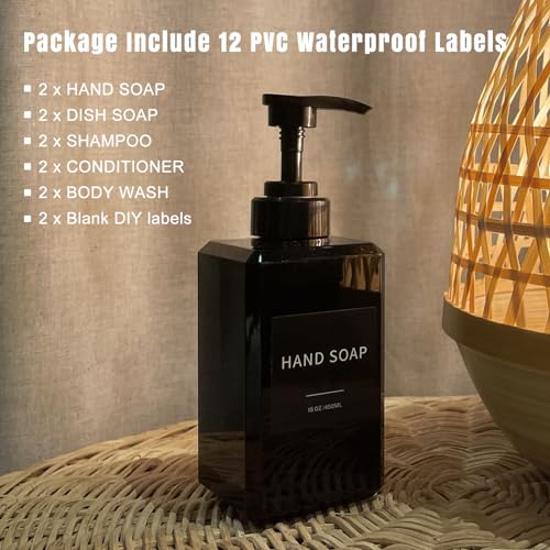 15oz Black Soap Dispenser Set - 2 Pack with Waterproof Labels