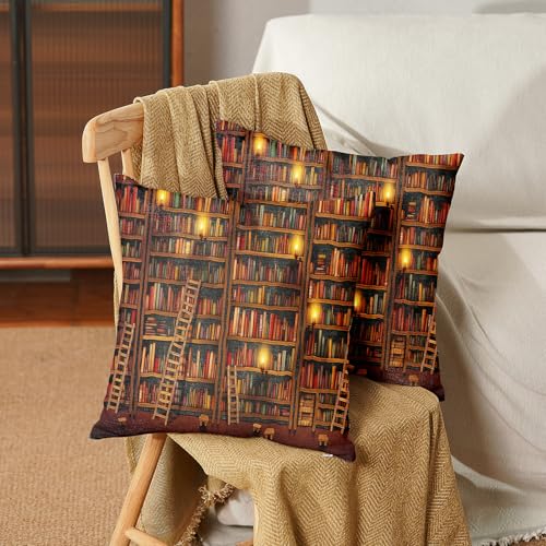 18x18 Inch Linen Throw Pillow Covers Set - Vintage Library Design