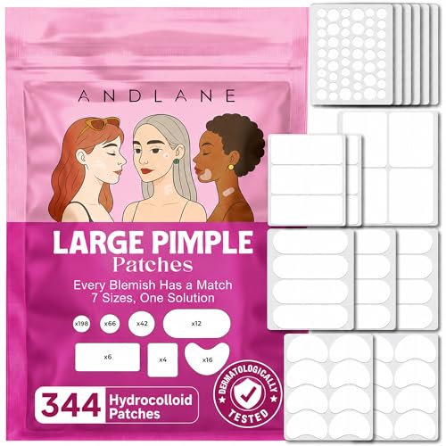 Andlane 344 Pcs Large Hydrocolloid Pimple Patches – 7 Sizes & Shapes for Face and Body