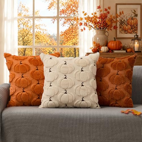 Pumpkin Faux Fur Pillow Covers - Set of 2, 18x18 Fall Decor