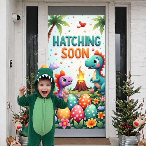 Cute Dinosaur Hatching Soon Door Cover - Baby Shower Decoration 35x71in