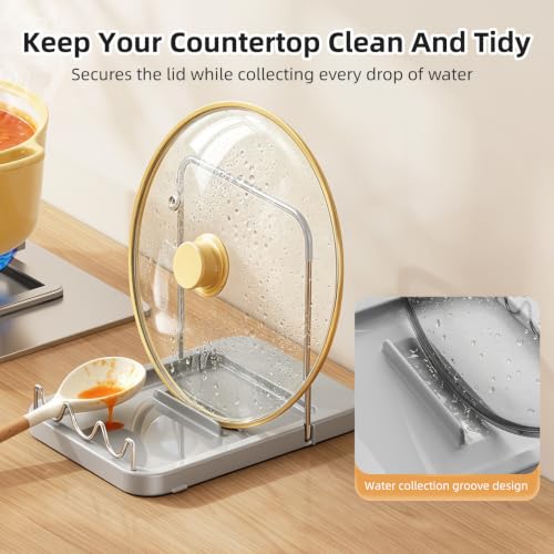 Foldable Pot Lid Holder with Spoon Rest and Suction Cups - Grey