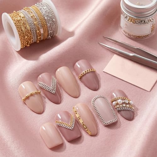 Macuezu Metal Nail Chains 12-Strip Set - 3D Gold & Silver Punk Charms