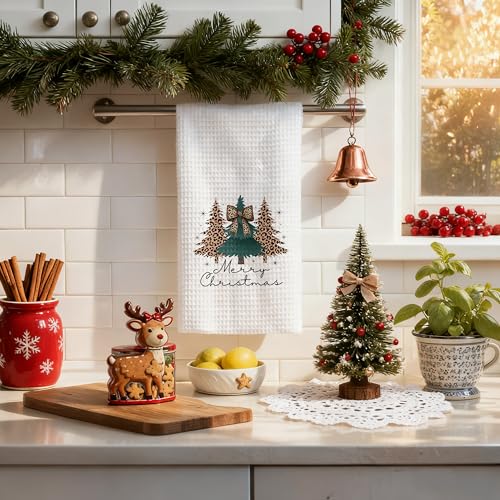 Leopard Bow Christmas Kitchen Towels, 16x24 Inch Decorative Hand Towels