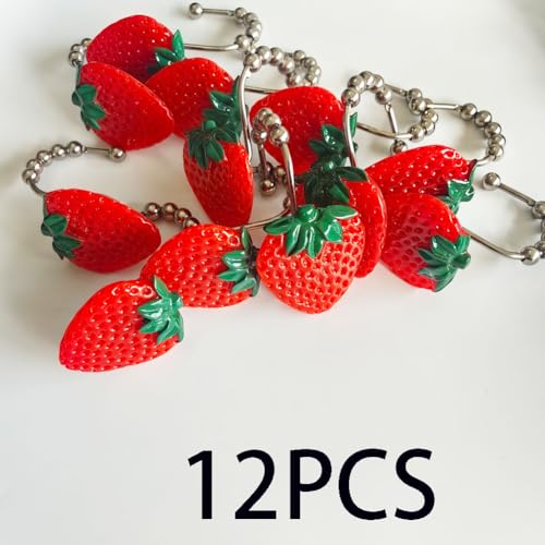 Rustproof Strawberry Shower Curtain Hooks Set of 12 - Cute Kids Bathroom Decor