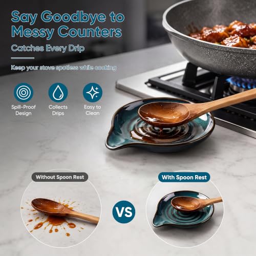 E-far Blue Ceramic Spoon Rest for Stove Top - Heat-Resistant, Drip-C catching Design