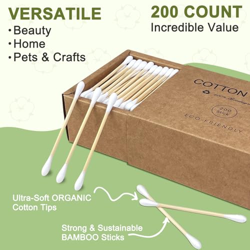 Meanhoo Bamboo Cotton Swabs 200 Count Natural Double Tips Cotton Buds