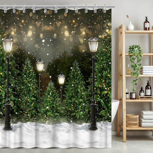 Winter Snowflake Pine Tree Shower Curtain Waterproof Fabric Bathroom Decor